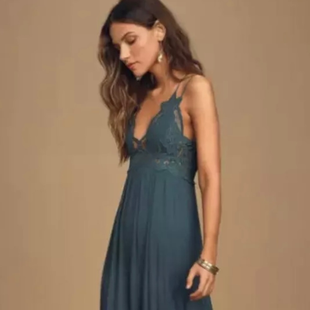 New Free People Adella Teal Crochet Maxi Long Slip Dress Small S